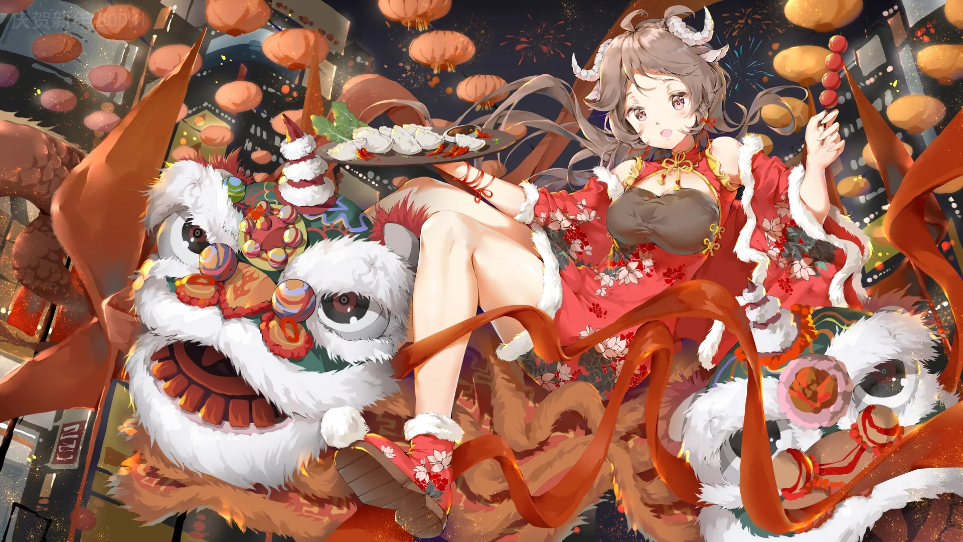 长发 艾雅法拉 骑士 夜晚 骑士 城市灯光 动漫女孩 龙 兽耳 旗袍 中式服装 烟花 春节 4K壁纸