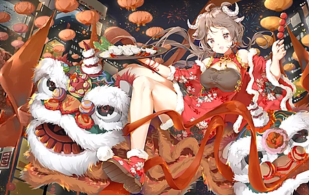 长发 艾雅法拉 骑士 夜晚 骑士 城市灯光 动漫女孩 龙 兽耳 旗袍 中式服装 烟花 春节 4K壁纸