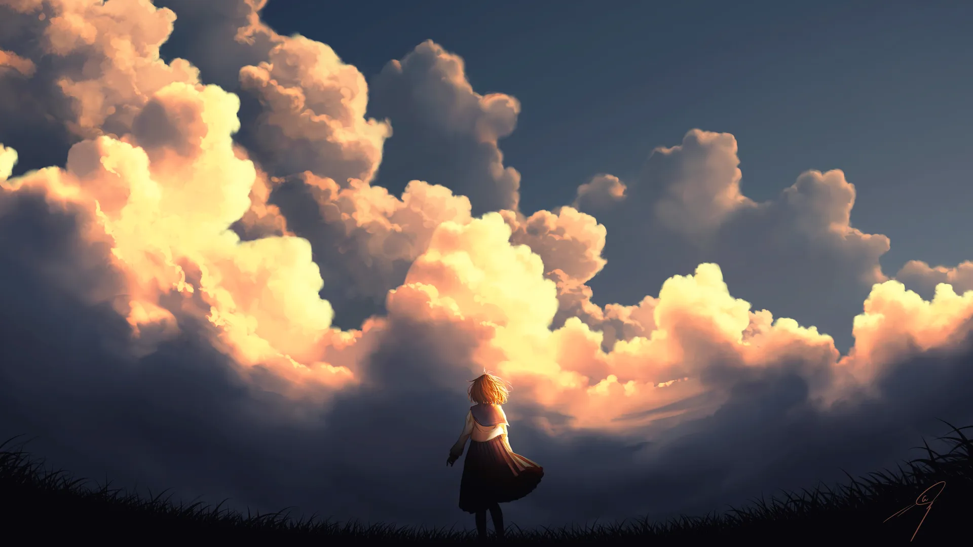 女性 AI艺术 插图 云 风景 校服 天空 日落 夕阳辉光  4K壁纸