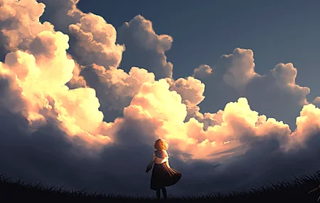 女性 AI艺术 插图 云 风景 校服 天空 日落 夕阳辉光  4K壁纸