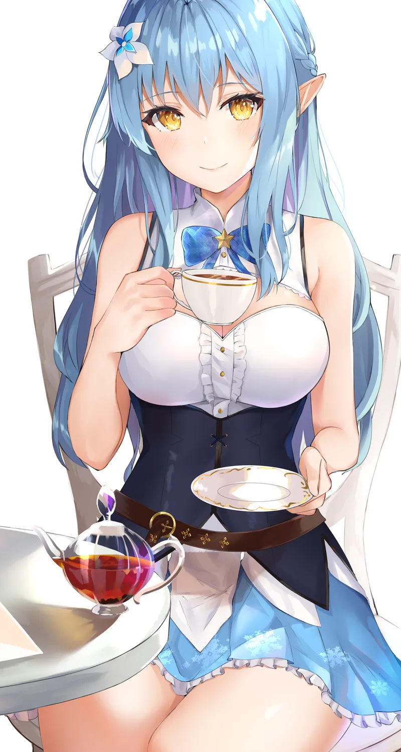 蓝色头发 微笑 动漫女孩 兽耳 茶 蛋糕 手机壁纸 4K壁纸