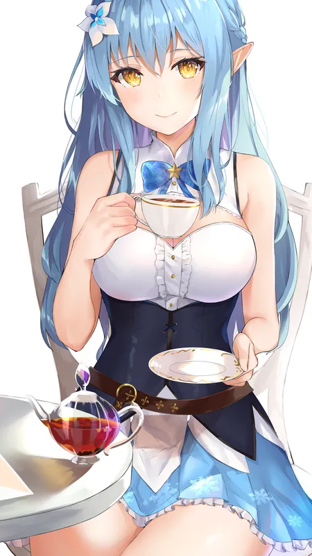 蓝色头发 微笑 动漫女孩 兽耳 茶 蛋糕 手机壁纸 4K壁纸
