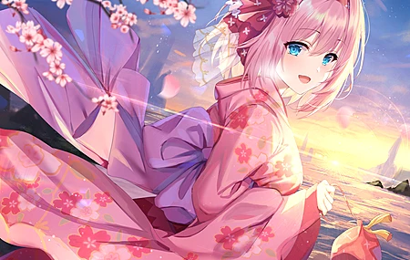 短发 粉色头发 蓝眼睛 歌姬 公主连接 动漫女孩 樱花 和服  4K壁纸