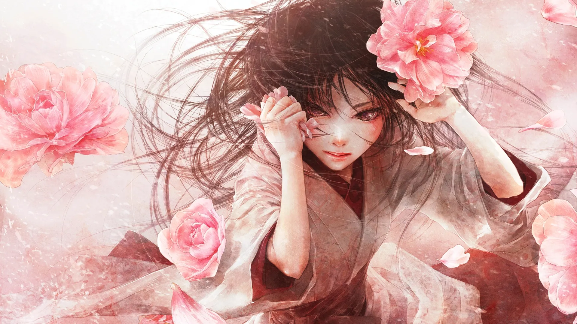  深色头发 原创人物 长发 动漫 动漫女孩 和服 粉色玫瑰 腮红 紫色眼睛 服装  4K壁纸