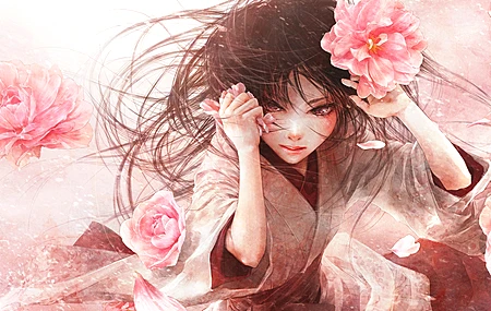  深色头发 原创人物 长发 动漫 动漫女孩 和服 粉色玫瑰 腮红 紫色眼睛 服装  4K壁纸
