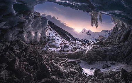 雪峰 西藏 风景 自然 洞穴 山脉 山口 雪 冰 冰柱 岩石  4K壁纸