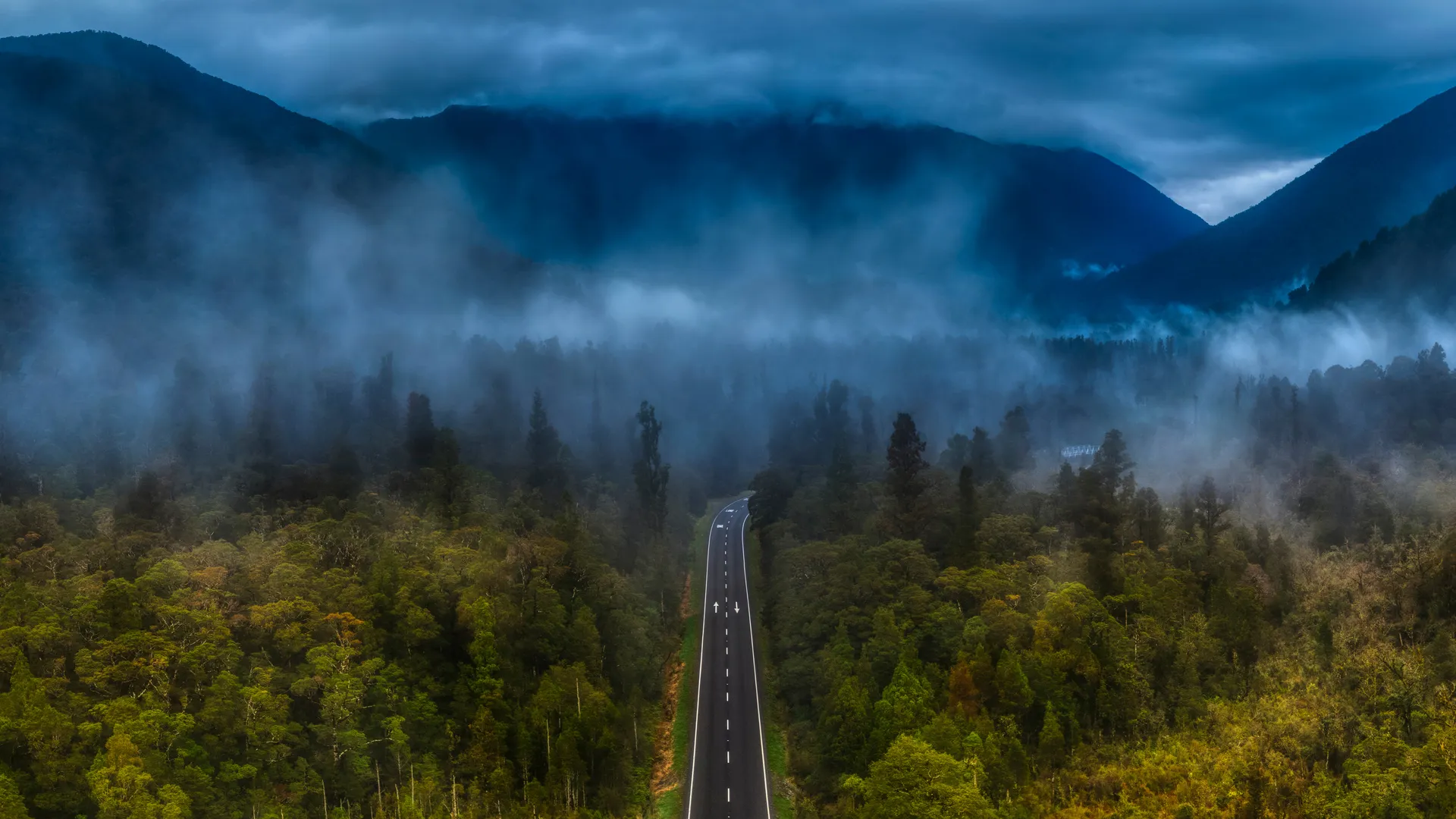 摄影 风景 森林 山脉 薄雾 道路 8K壁纸