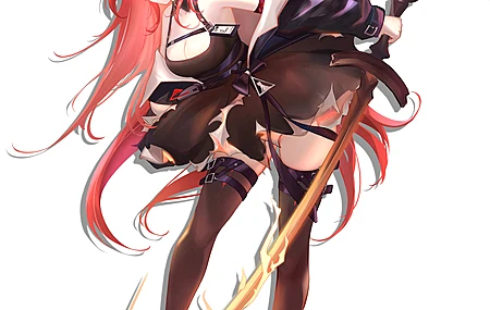 红发 长发 动漫 动漫女孩 明日方舟 角 紫色眼睛 连衣裙 大腿高 手机壁纸 4K壁纸