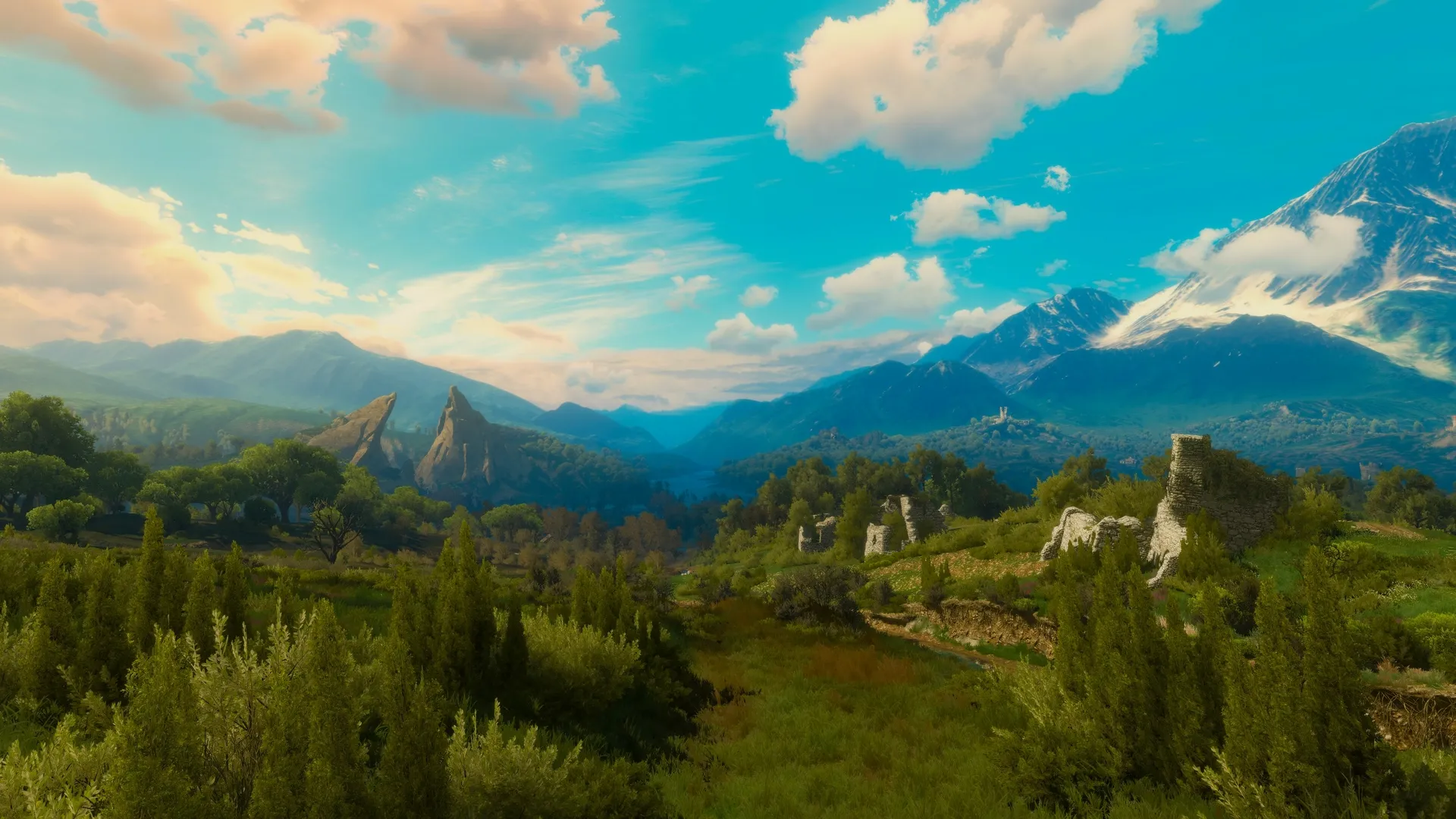 风景 阳光 云 天空 树木 山脉 CGI 4K壁纸