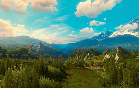 风景 阳光 云 天空 树木 山脉 CGI 4K壁纸