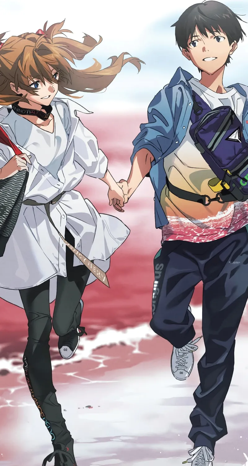 牵手 霓虹 福音战士 动漫男孩 动漫女孩 EVA 新世纪福音战士 碇真嗣 明日香 手机壁纸 4K壁纸