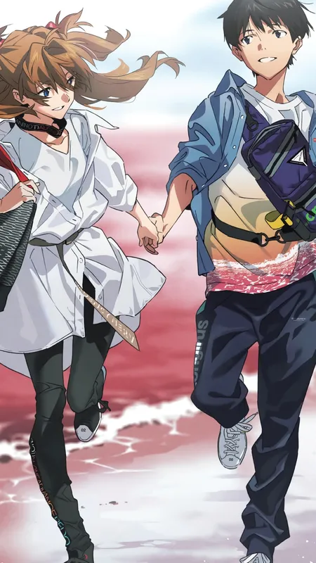 牵手 霓虹 福音战士 动漫男孩 动漫女孩 EVA 新世纪福音战士 碇真嗣 明日香 手机壁纸 4K壁纸