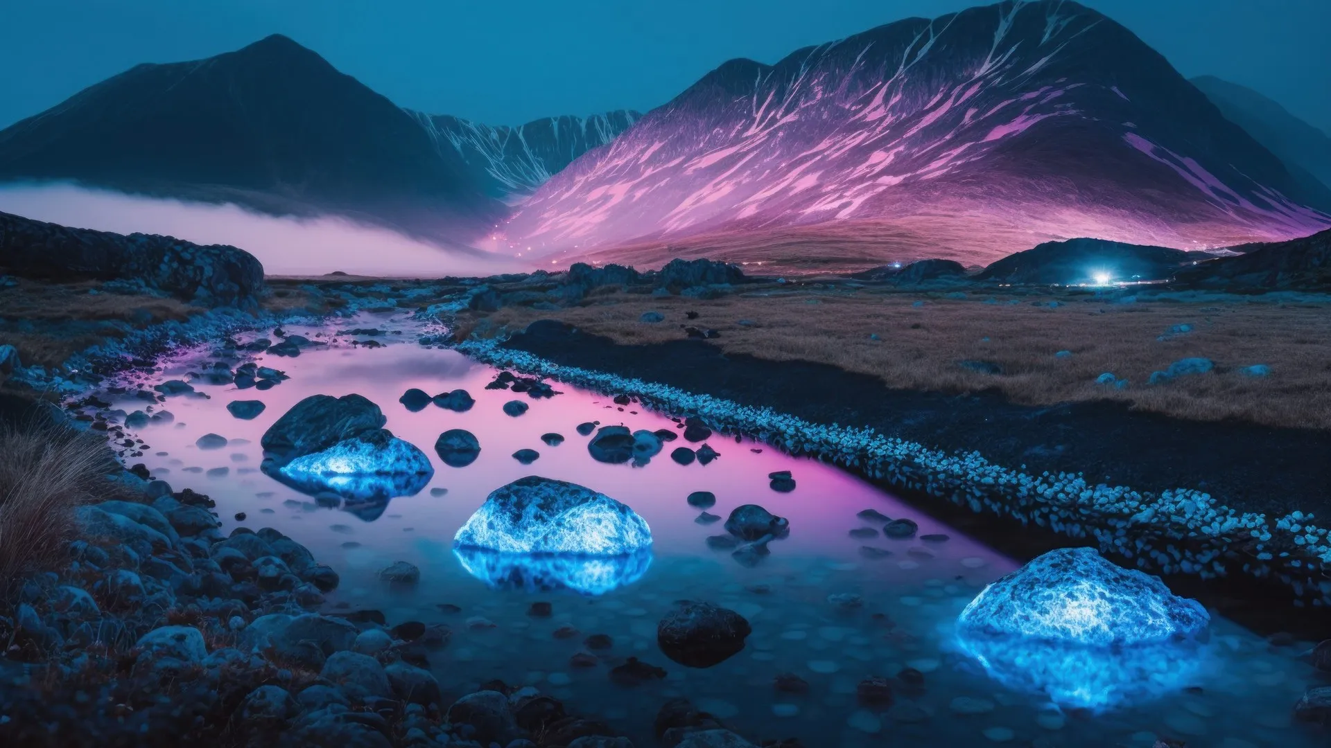 艺术 生物发光 紫色 蓝色 水 山脉 自然  4K壁纸