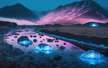 艺术 生物发光 紫色 蓝色 水 山脉 自然  4K壁纸