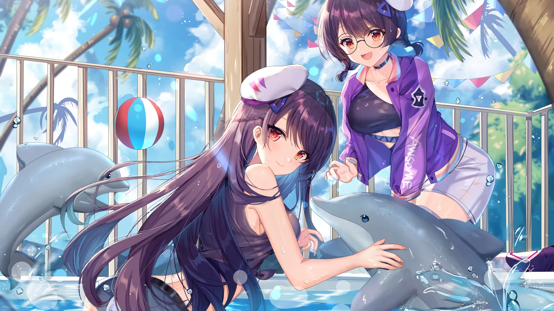 虚拟角色 服装 衣服 动漫 插图 彩色动漫 影视节目 泳衣 泳池 4K壁纸