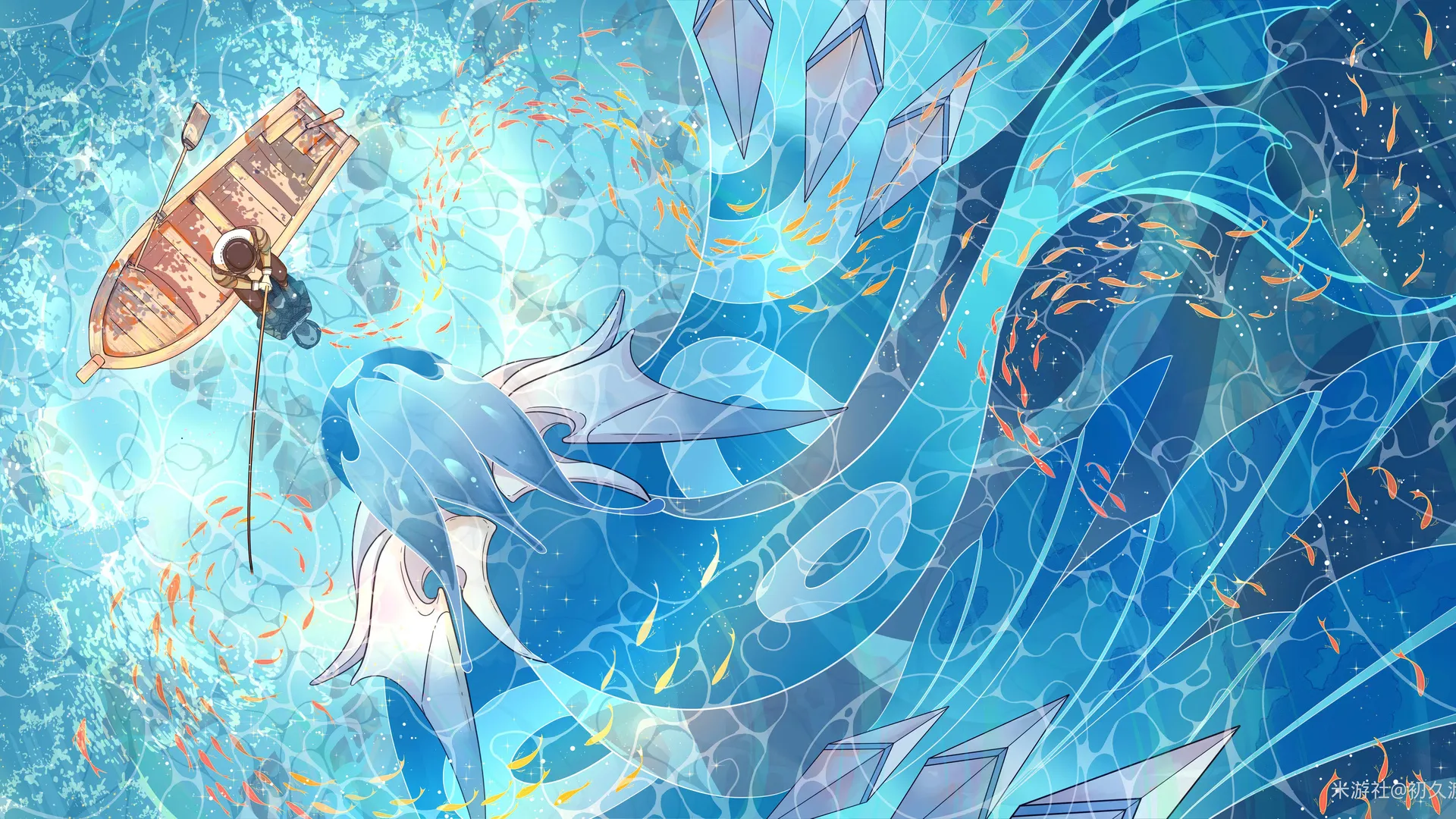 动漫男孩 生物 水 鱼 动物 船 钓鱼 原神 人鱼 8K壁纸