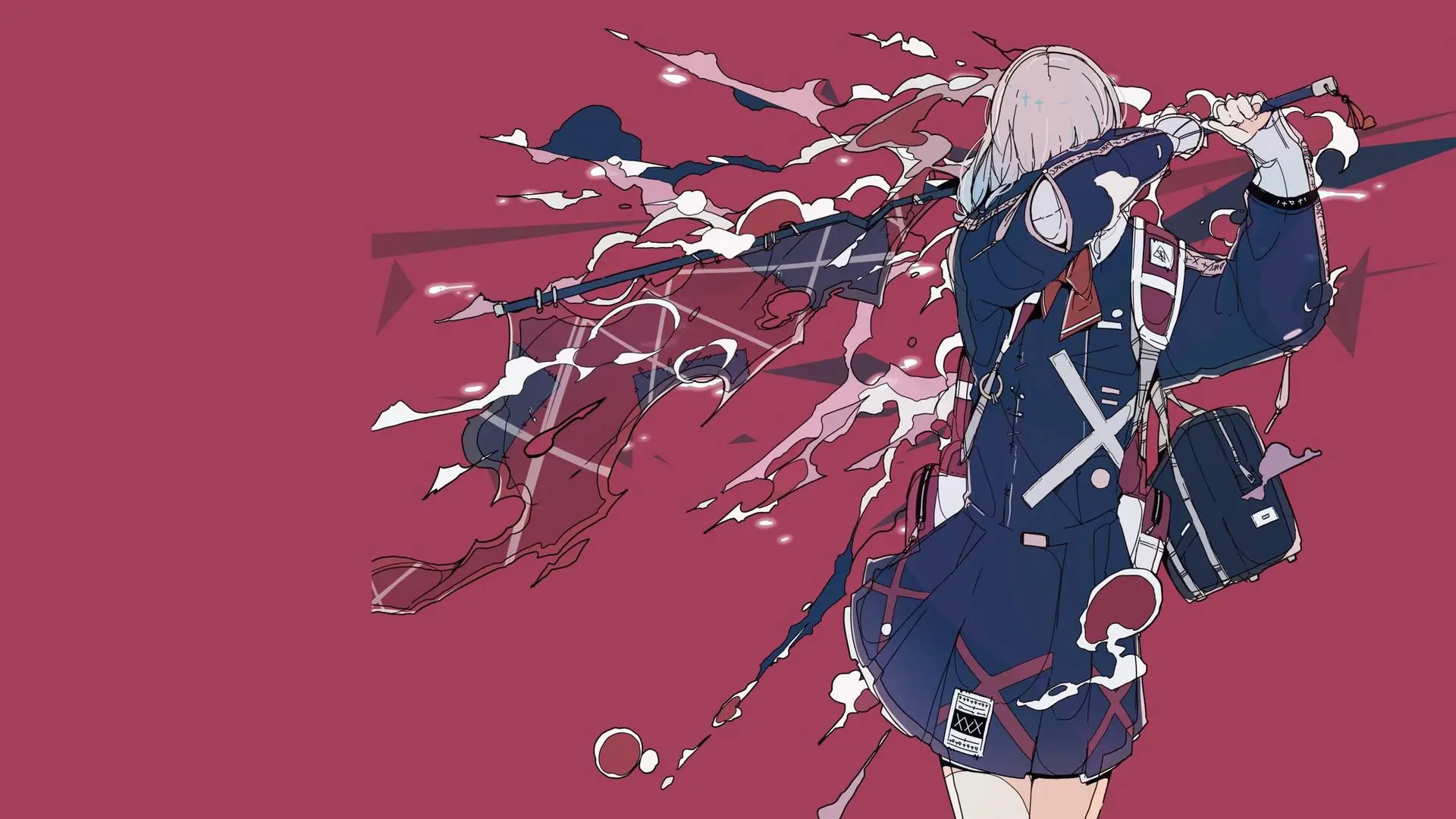 原创人物 动漫女孩 红色背景 简单背景 极简主义 背包  4K壁纸