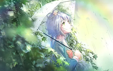 抬头 小提琴 动漫女孩 雨伞 雨 树叶 蝴蝶结 彩虹  4K壁纸