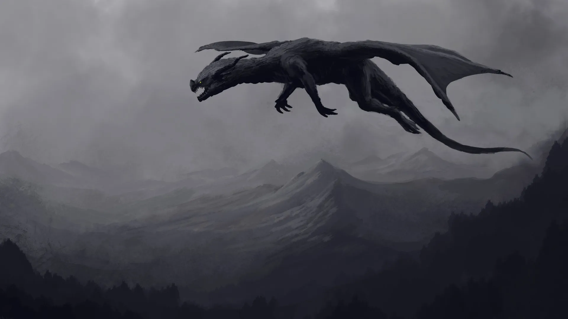 AI艺术 奇幻艺术 自然 风景 龙 山 飞翔 单色 极简主义 黑色 黄色眼睛 绘画  4K壁纸