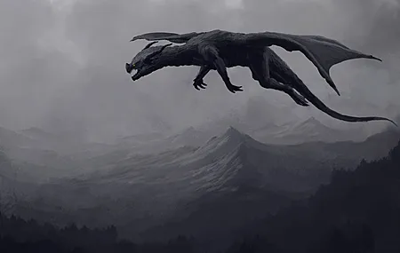 AI艺术 奇幻艺术 自然 风景 龙 山 飞翔 单色 极简主义 黑色 黄色眼睛 绘画  4K壁纸