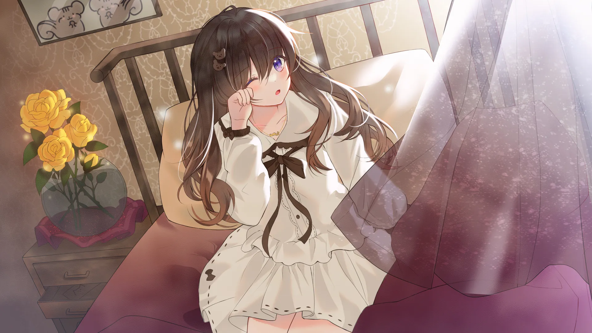 深色头发 动漫 动漫女孩 紫色眼睛 连衣裙  4K壁纸