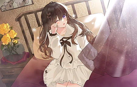 深色头发 动漫 动漫女孩 紫色眼睛 连衣裙  4K壁纸