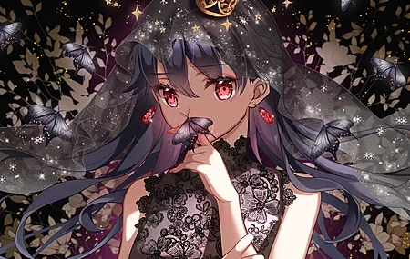 原创人物 长发 深色头发 红眼睛 动漫女孩 动漫 面纱 连衣裙 蝴蝶  4K壁纸