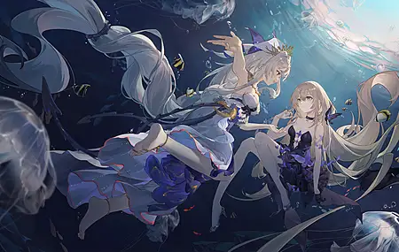 长发 腿 动漫 动漫女孩 水下 水母 鱼 水 炼金术 阳光 连衣裙 4K壁纸