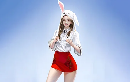 微笑 简单的背景 蓝色背景 动漫 动漫女孩 迷你裙  4K壁纸