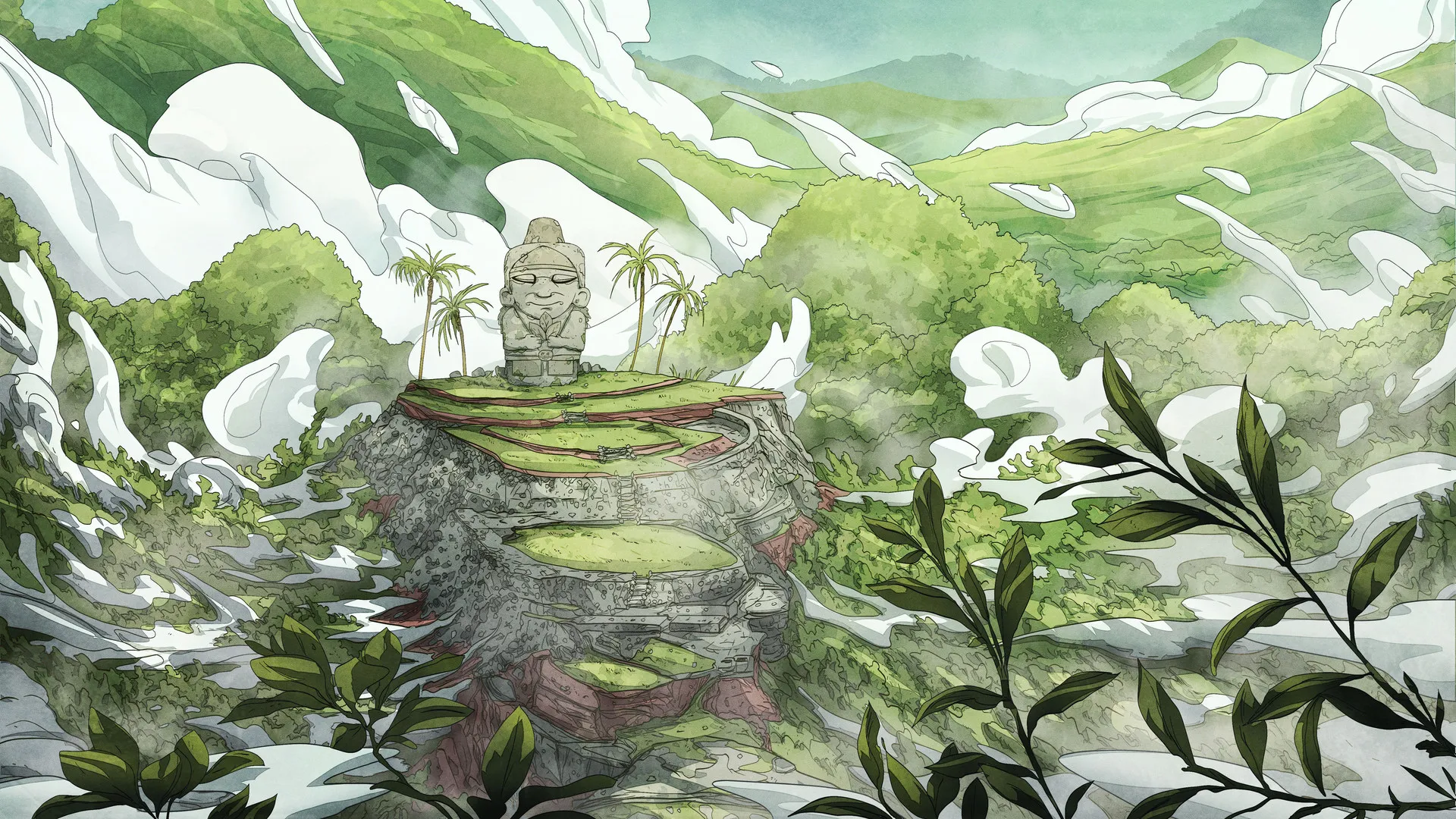 AI艺术 奇幻艺术 雕像 云 山 草  4K壁纸
