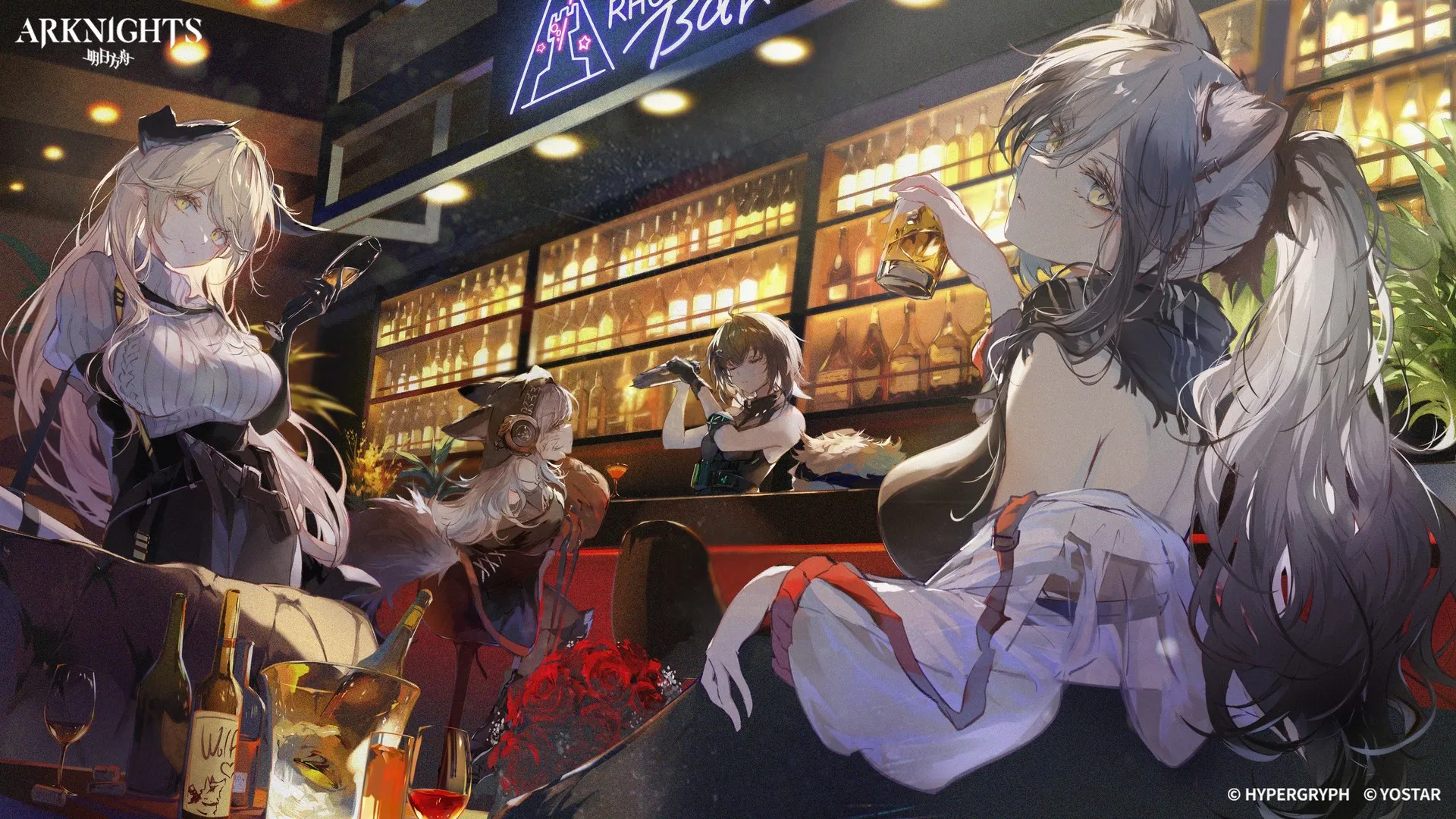 酒吧 动漫 动漫女孩 手绘 酒杯 酒瓶 明日方舟 礼服 耳朵 兽耳 尾巴 4K壁纸
