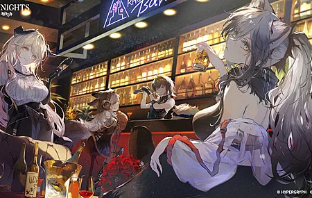 酒吧 动漫 动漫女孩 手绘 酒杯 酒瓶 明日方舟 礼服 耳朵 兽耳 尾巴 4K壁纸
