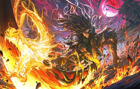 幻想 男人 微笑 长发 武器 红月亮 满月 剑 火 月亮 盔甲 岩石 数字艺术 中国龙 4K壁纸