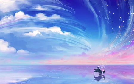 动漫 动漫男孩 AI艺术 奇幻艺术 钢琴 云彩 天空 4K壁纸