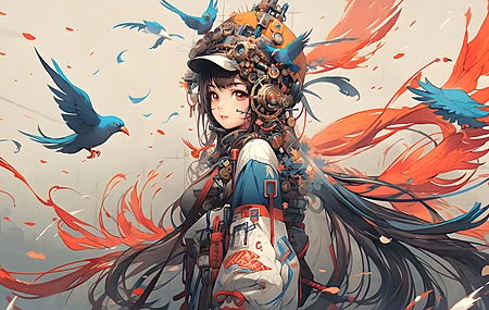 女人 长发 人工智能 鸟类 动物 AI艺术 帽子 简单背景 极简主义 4K壁纸
