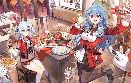  手 动漫女孩 食物 筷子 电话 自拍 兔子耳朵 猫 动物 耳机  22娘 33娘 新年 春节 年夜饭 4K壁纸