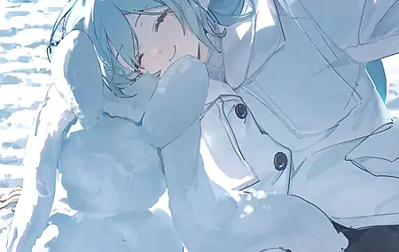 闭眼 微笑 外套 动漫 雪 动漫女孩 耳罩 初音 小提琴 冬天 兔子 4K壁纸
