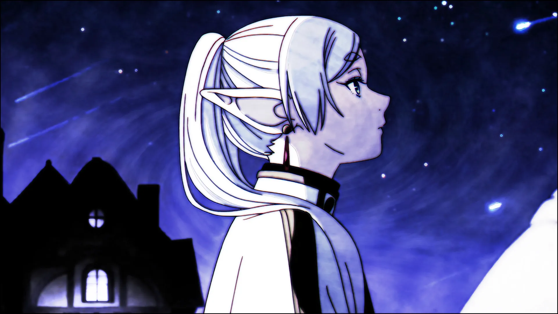 白发 马尾辫 星星 动漫女孩 尖耳朵 耳环 天空 夜晚 流星 4K壁纸