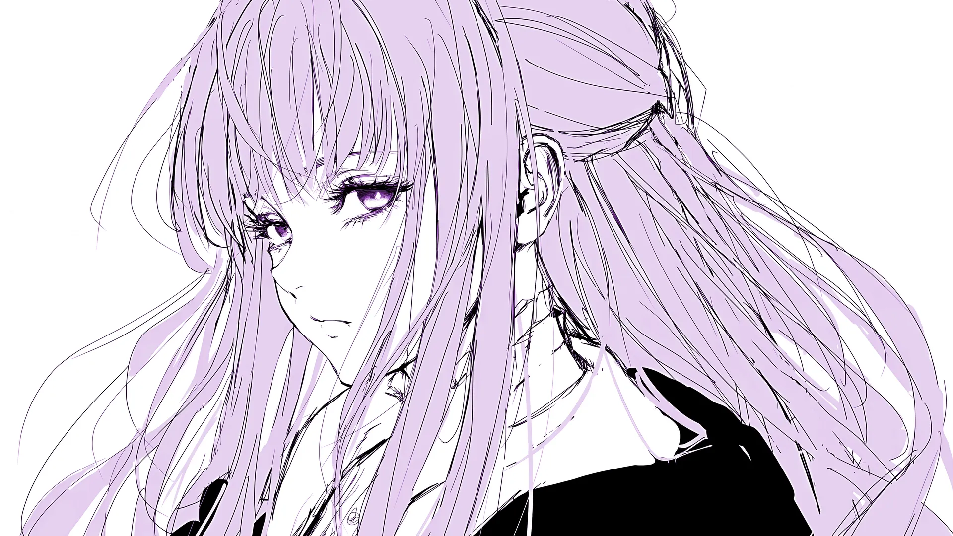 长发 紫色头发 简单的背景 绘画 白色背景 紫色眼睛 动漫女孩 4K壁纸