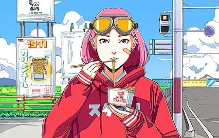 粉红色头发 户外数字 艺术 插图 街道 云 红绿灯 面条 动漫 女孩 天空 创可贴 兜帽 护目镜 道路 4K壁纸