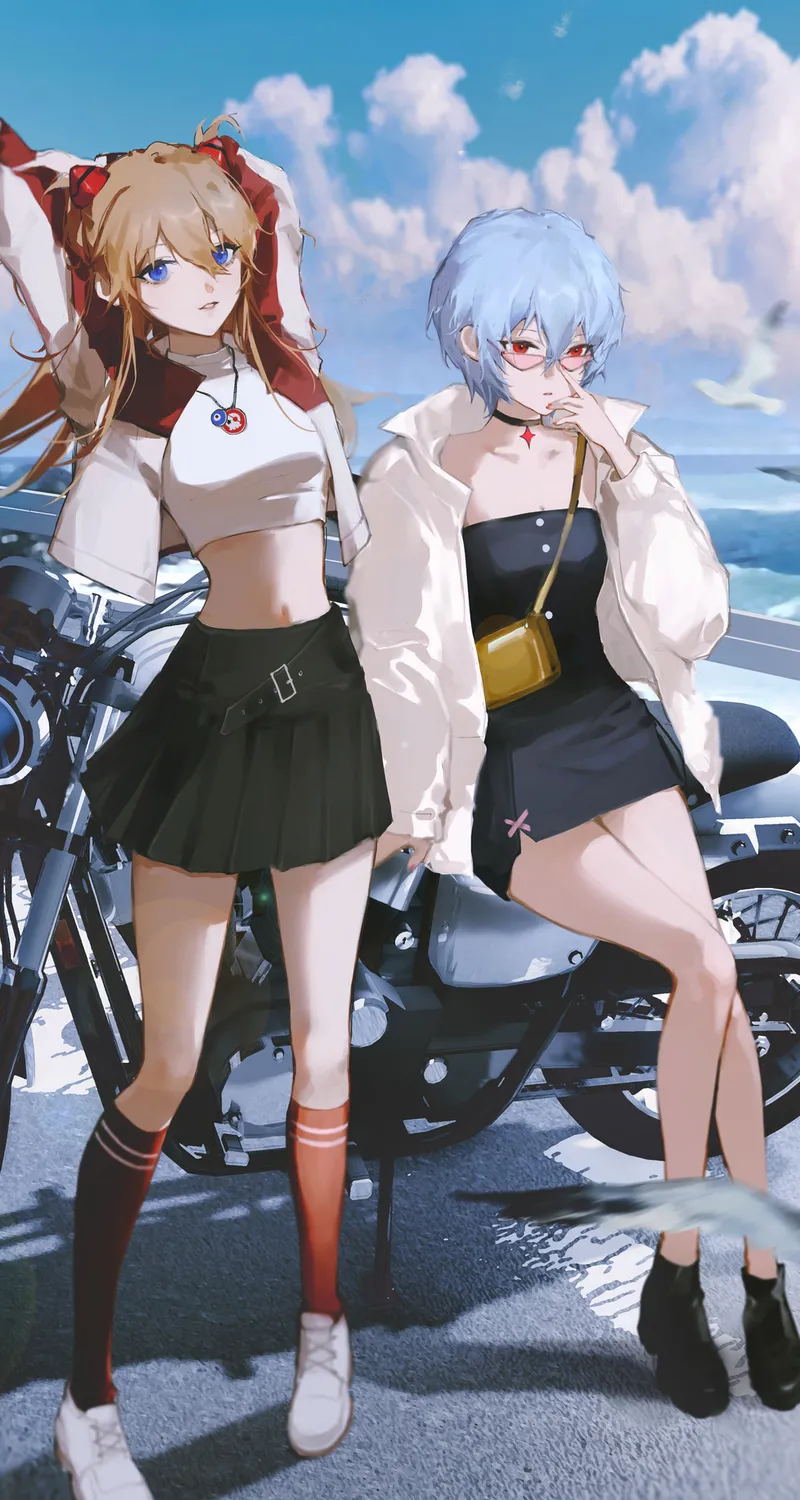 动漫 动漫女孩 明日香 绫波丽 新世纪福音战士 摩托车 机车 眼镜 袜子 天空 户外 裙子 连衣裙 手机壁纸 4K壁纸