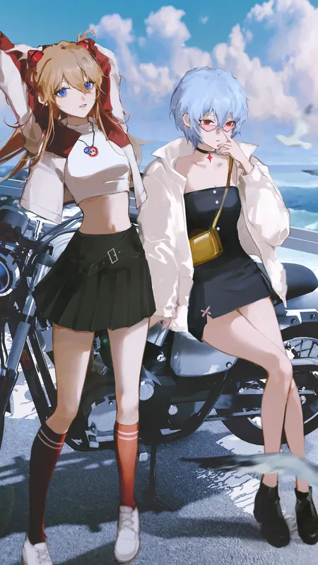 动漫 动漫女孩 明日香 绫波丽 新世纪福音战士 摩托车 机车 眼镜 袜子 天空 户外 裙子 连衣裙 手机壁纸 4K壁纸
