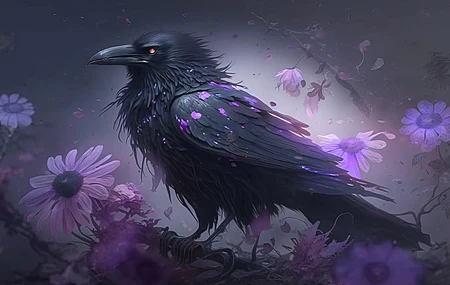 艺术 插图 鸟类 动物 乌鸦 紫色 花 花瓣 4K壁纸