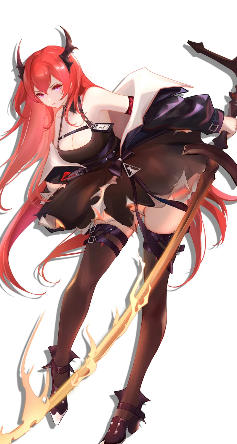 红发 长发 动漫 动漫女孩 明日方舟 角 紫色眼睛 连衣裙 大腿高 手机壁纸 4K壁纸