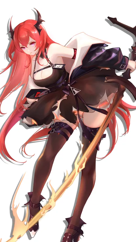 红发 长发 动漫 动漫女孩 明日方舟 角 紫色眼睛 连衣裙 大腿高 手机壁纸 4K壁纸