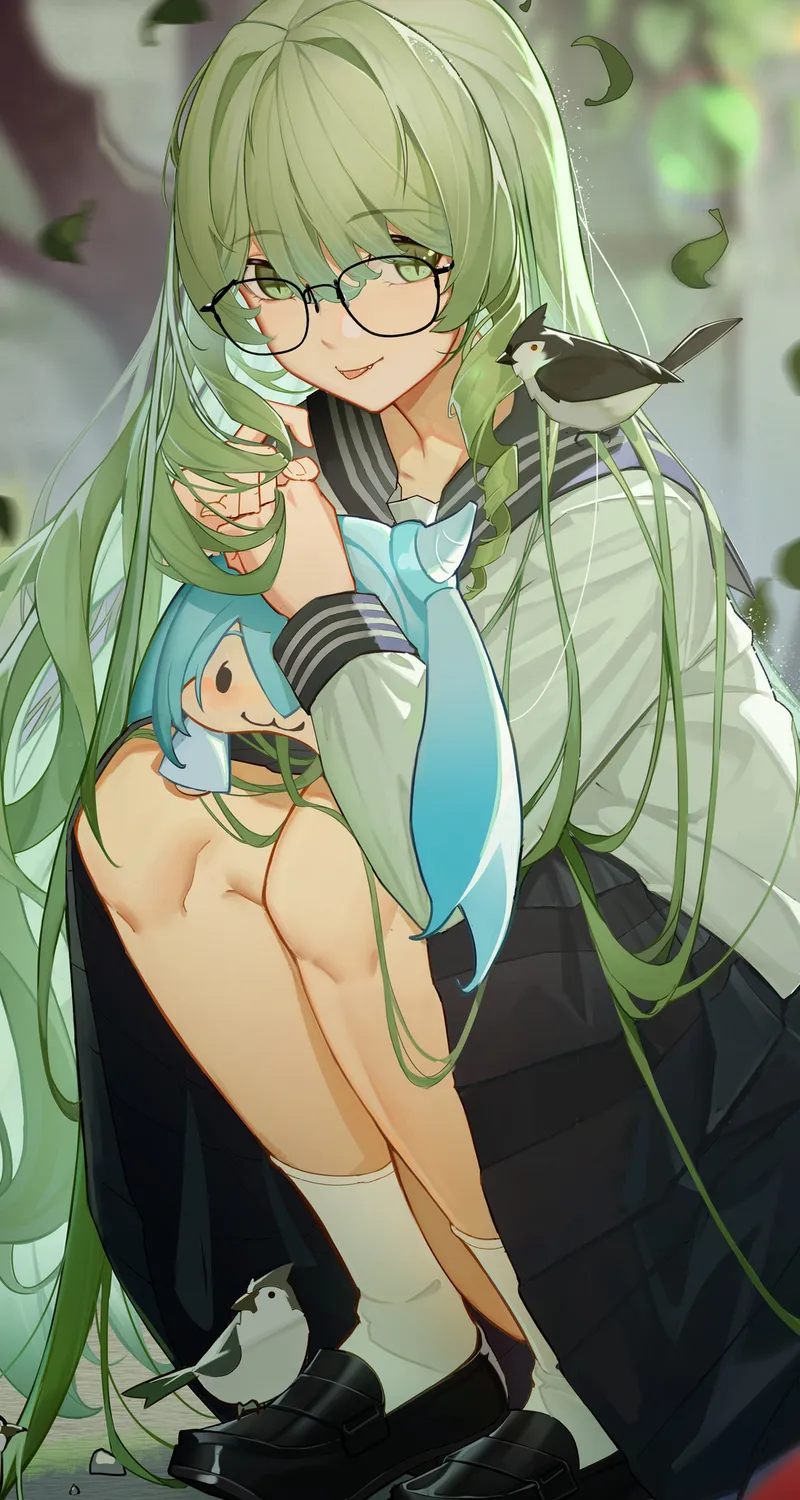 绿头发 长发 绿眼睛 女学生 原神 艺术 校服 迷你裙 眼镜 鸟 树叶 动漫 动漫女孩  手机壁纸 4K壁纸