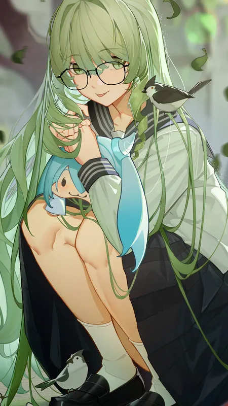 绿头发 长发 绿眼睛 女学生 原神 艺术 校服 迷你裙 眼镜 鸟 树叶 动漫 动漫女孩  手机壁纸 4K壁纸