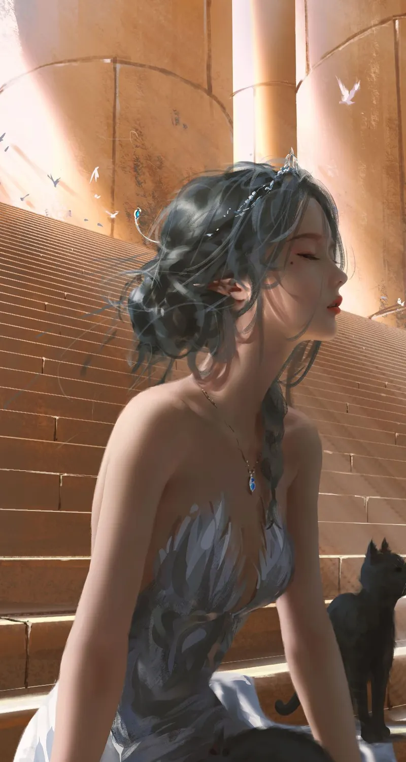 闭眼 女人 楼梯 猫 手机壁纸 4K壁纸