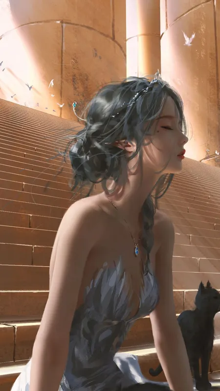 闭眼 女人 楼梯 猫 手机壁纸 4K壁纸