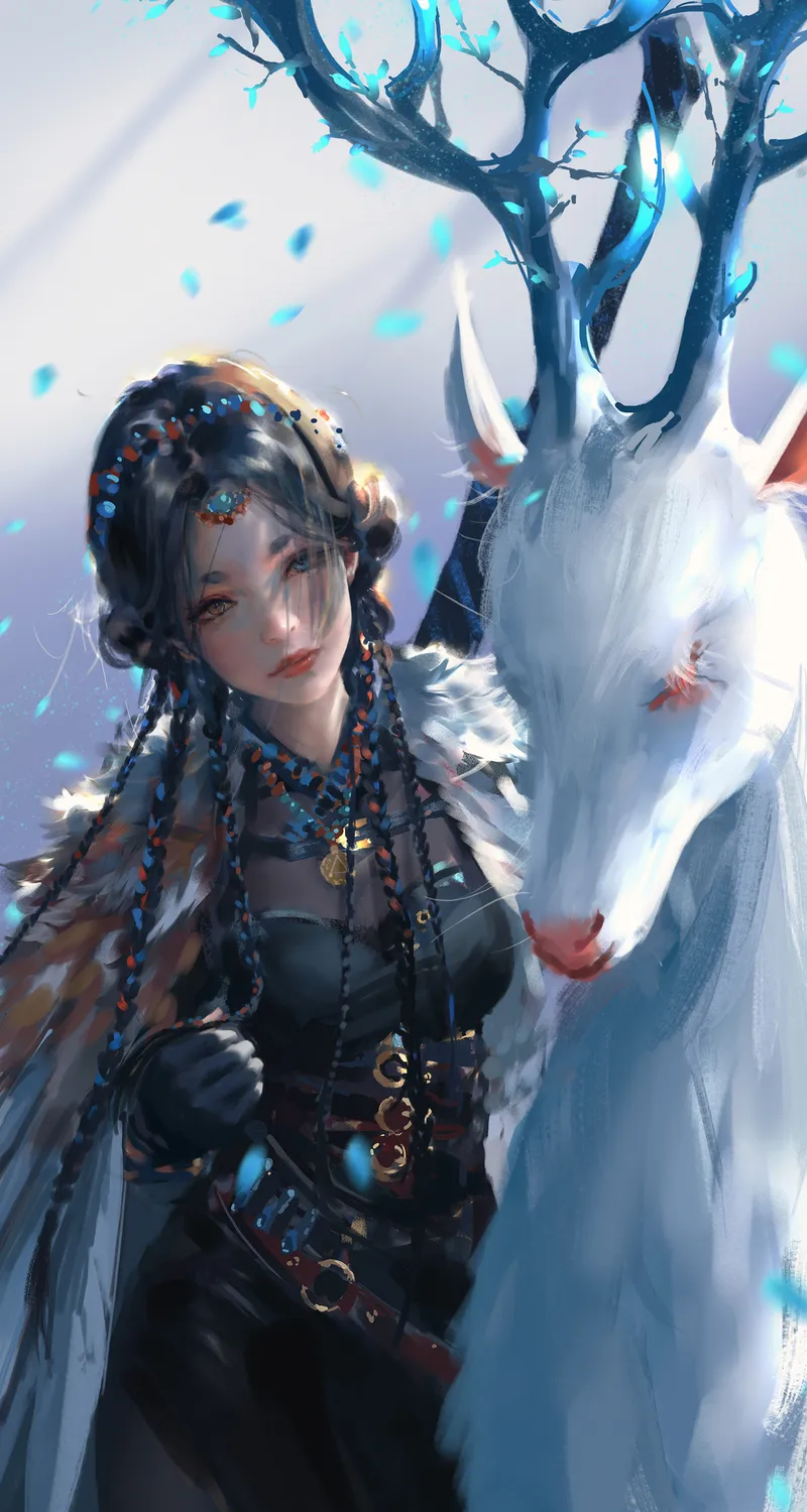 奇幻女孩 辫子 长发 幽灵之刃 AI艺术 鹿 鹿角 手机壁纸 4K壁纸